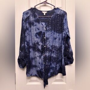 Coral Bay Navy Tie-Dye Button Front Blouse Size L